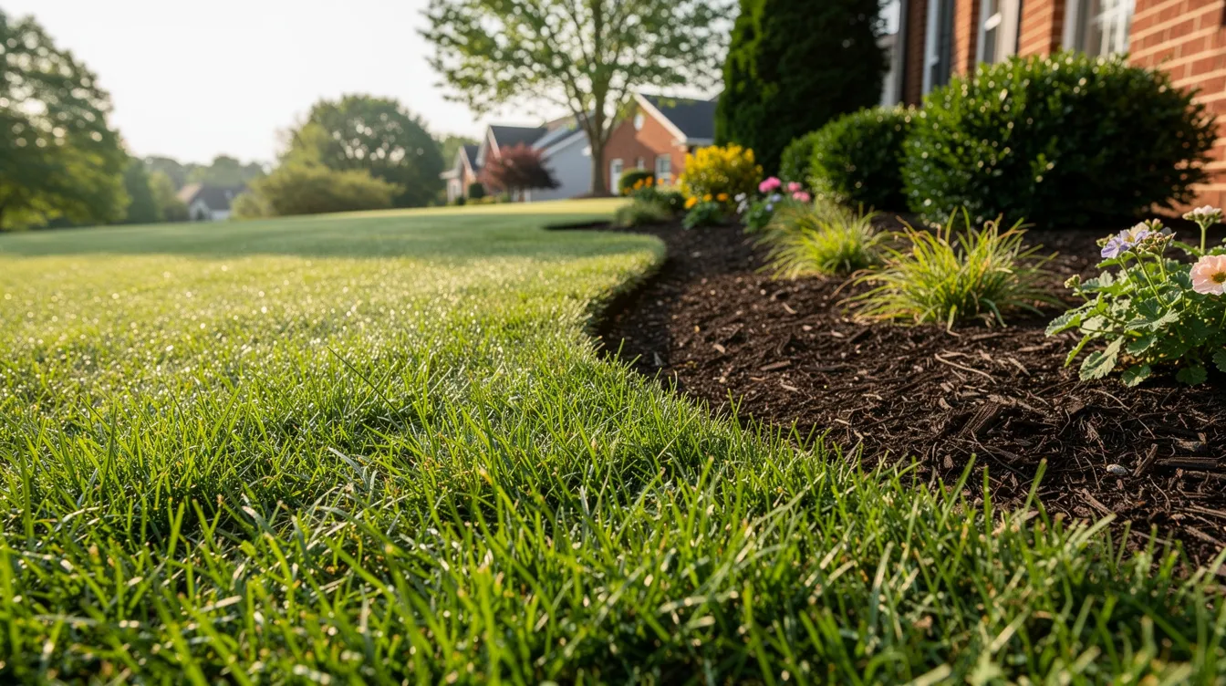 The image shows a close-up of a vibrant green lawn, with healthy grass blades thriving beside a neatly landscaped flower bed in a Northern Virginia yard. This lush lawn contrasts with the potential threats of common lawn pests, such as Japanese beetles and fire ants, which can harm grass roots and lead to lawn damage if not managed properly.