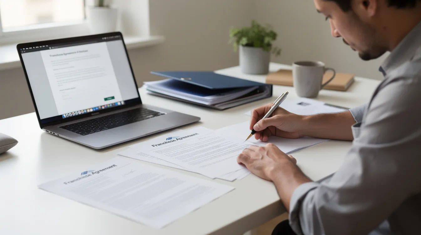 A person is seated at a home office desk, reviewing documents that include franchise paperwork and a laptop, indicating their interest in home services franchise opportunities. The scene reflects a focus on business ownership and the potential for growth in the high demand industry of home services.