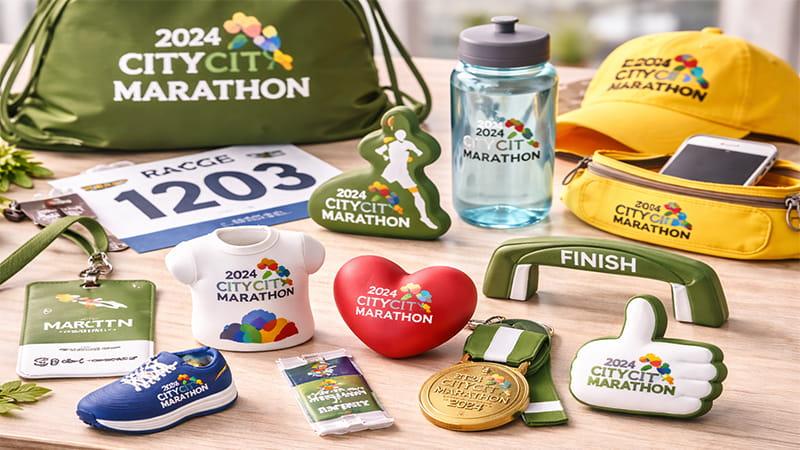Marathon promotional gift set with custom stress balls, running event merchandise, race bib, water bottle, cap, and medal