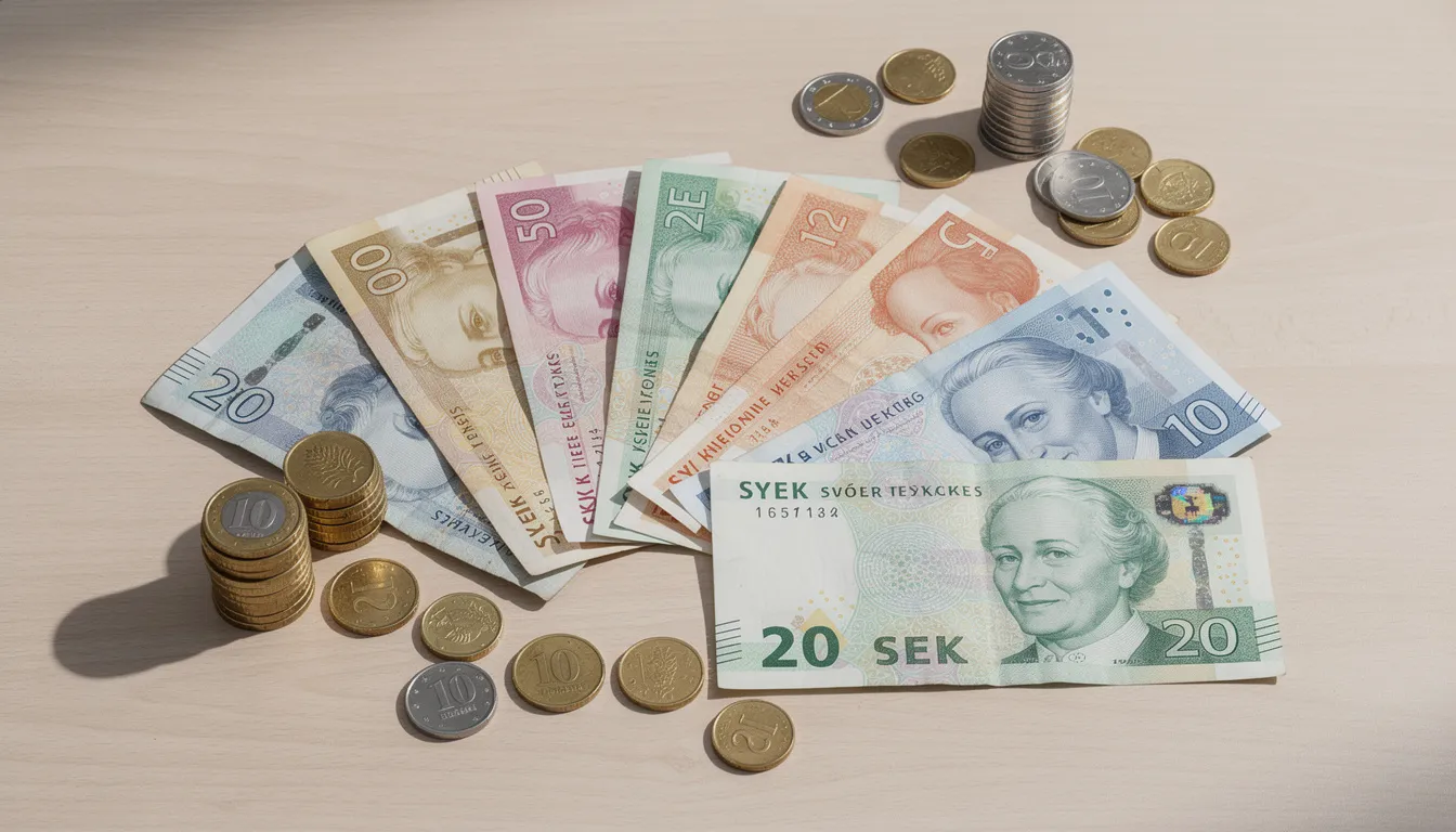 En samling svenska sedlar och mynt ligger utbredda på ett bord, vilket ger en känsla av värde och ekonomi. Det är en påminnelse om vikten av att spela ansvarsfullt och att vara medveten om regler och villkor när man hanterar pengar, särskilt i samband med bonusar utan insättning.