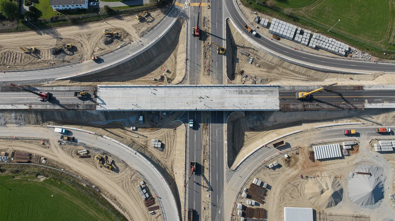 An aerial view depicts a highway interchange under construction, showcasing heavy equipment and construction materials staged nearby. This image highlights the active job site, where construction teams work to manage risks and ensure safety during the project.