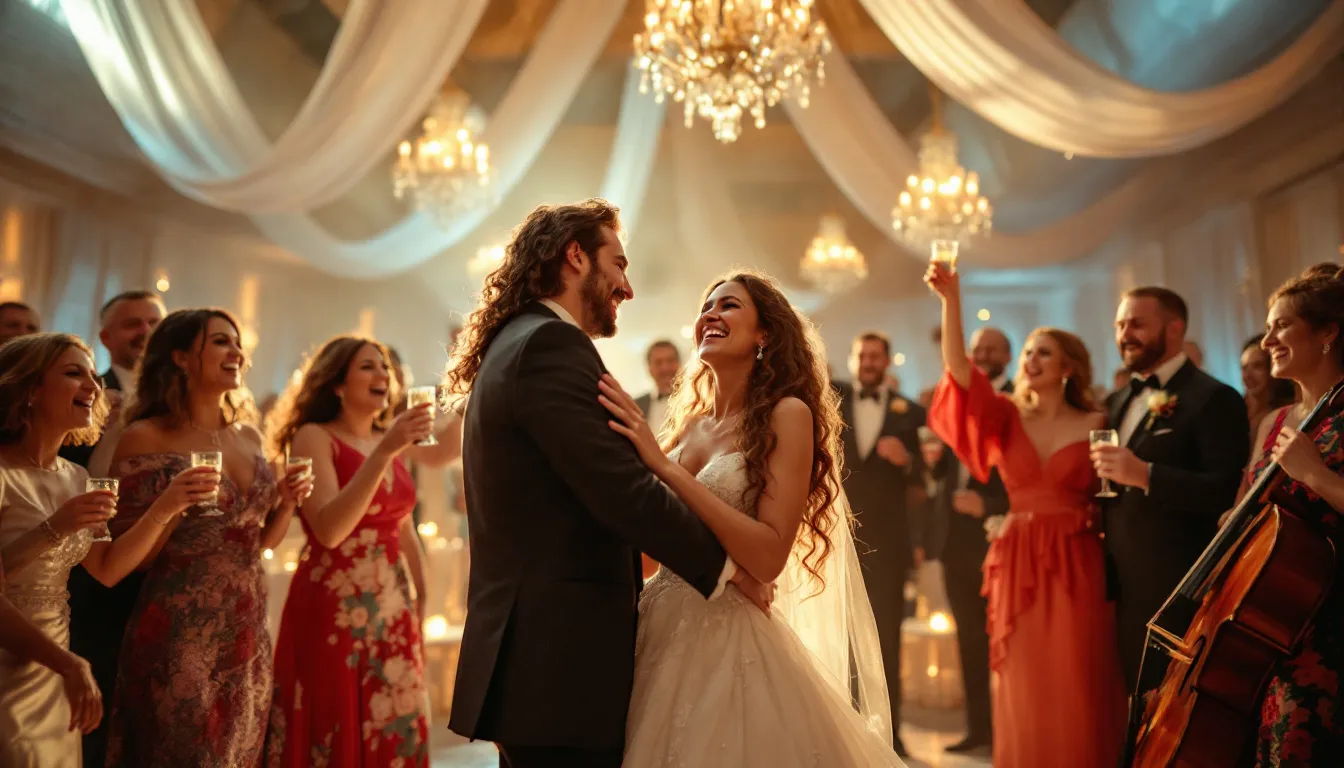 A candid moment captured during a wedding reception, showcasing the joy and laughter of the guests.