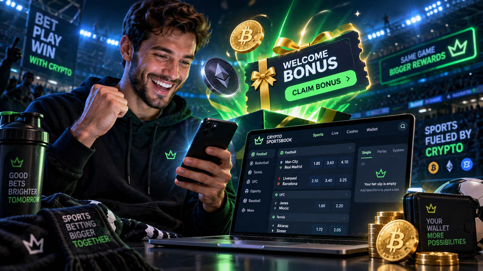 Person claiming a welcome bonus at a crypto sportsbook, with Bitcoin symbols, betting odds and a claim bonus button.