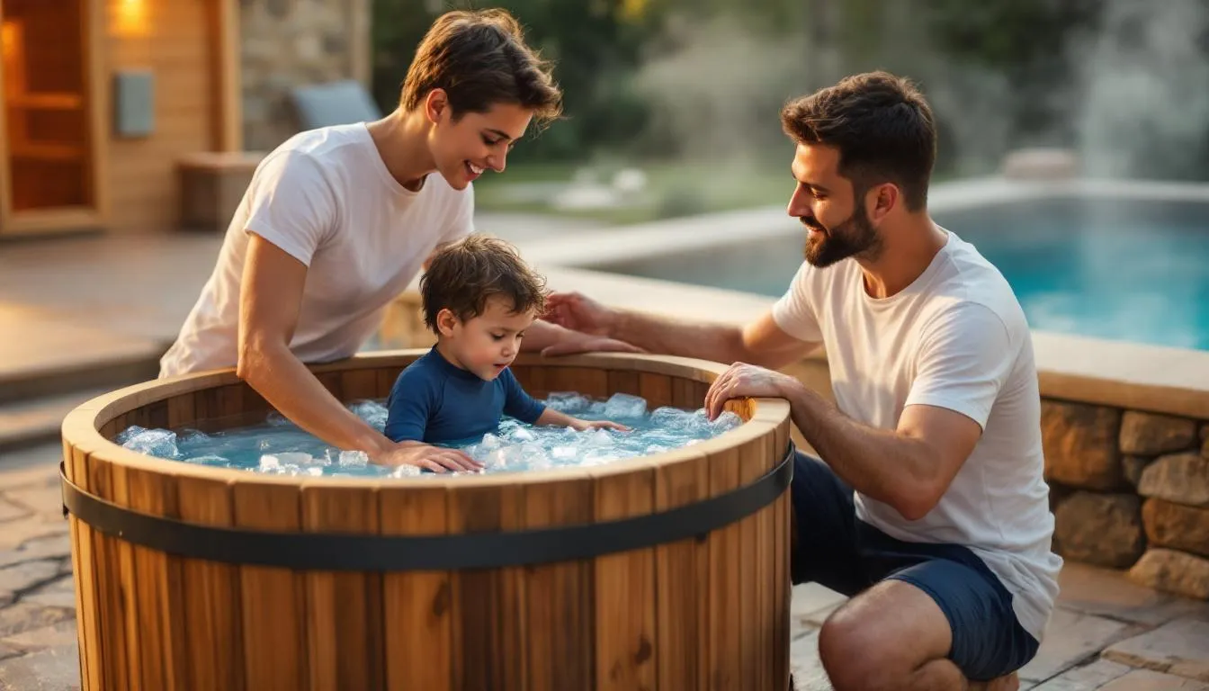 A parent is guiding their child into a cold plunge, helping them experience the freezing cold water while emphasizing the importance of cold exposure for building resilience and mental toughness. This moment illustrates the role of ice baths in promoting physical recovery and mental health benefits for kids.