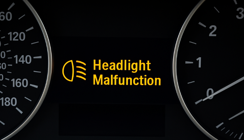 An automotive dashboard showing "headlight malfunction" sign during test checkout