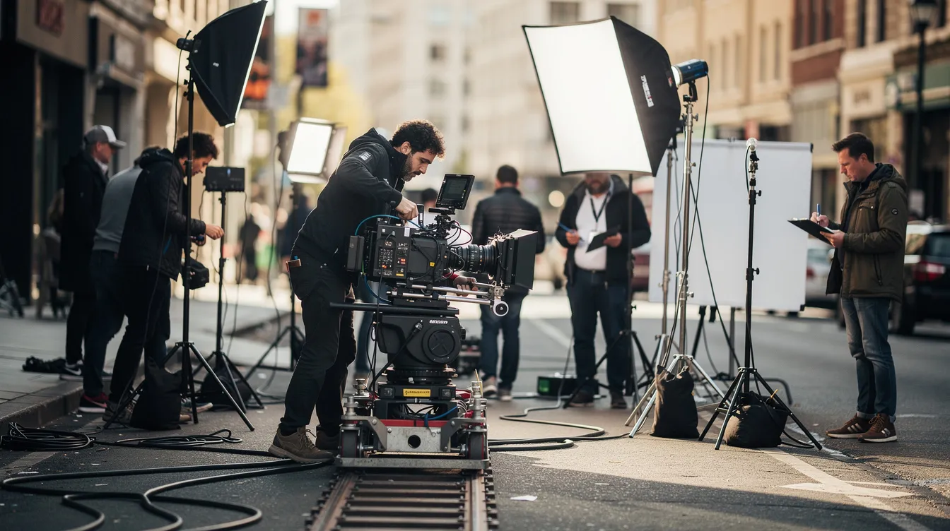 Eine Filmcrew arbeitet an einem Außenmotiv, wo mehrere Teammitglieder in Arbeitskleidung um eine Kamera auf einem Dolly herumstehen. Beleuchtungsequipment ist ebenfalls vorhanden, während der Regisseur Anweisungen gibt, was die kreative Zusammenarbeit im Bereich Filmproduktion verdeutlicht.