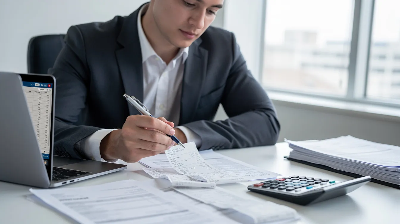 Eine Geschäftsperson sitzt an einem Schreibtisch, umgeben von Belegen, einem Taschenrechner und einem Laptop, während sie an der Finanzbuchhaltung arbeitet. Auf dem Tisch liegen Rechnungen und Dokumente, die sich auf Vorsteuer und Umsatzsteuer beziehen, was die Bedeutung der korrekten Buchführung für Unternehmen unterstreicht.