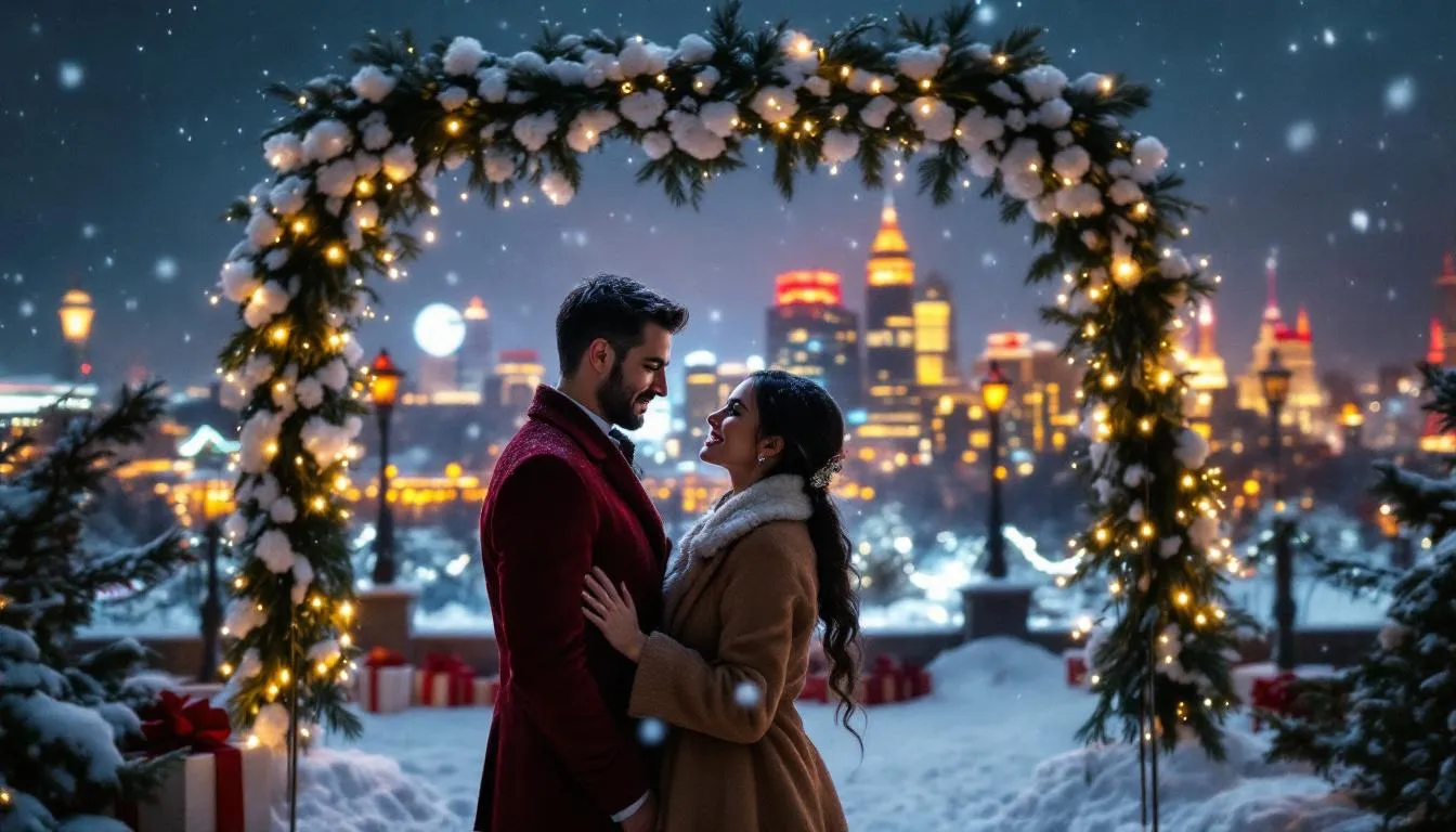 Das Bild zeigt eine winterliche Hochzeit mit einer festlich beleuchteten Skyline von Frankfurt am Main im Hintergrund. Die Atmosphäre ist romantisch und einladend, während Brautpaare und Gäste gemeinsam diesen besonderen Tag in einer traumhaften Hochzeitslocation feiern.
