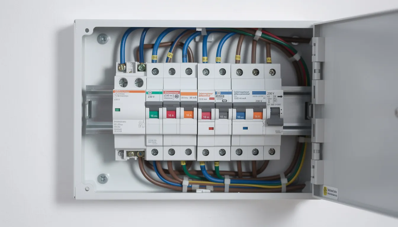 Exemple de tableau électrique avec protections adaptées pour la salle de bain.
