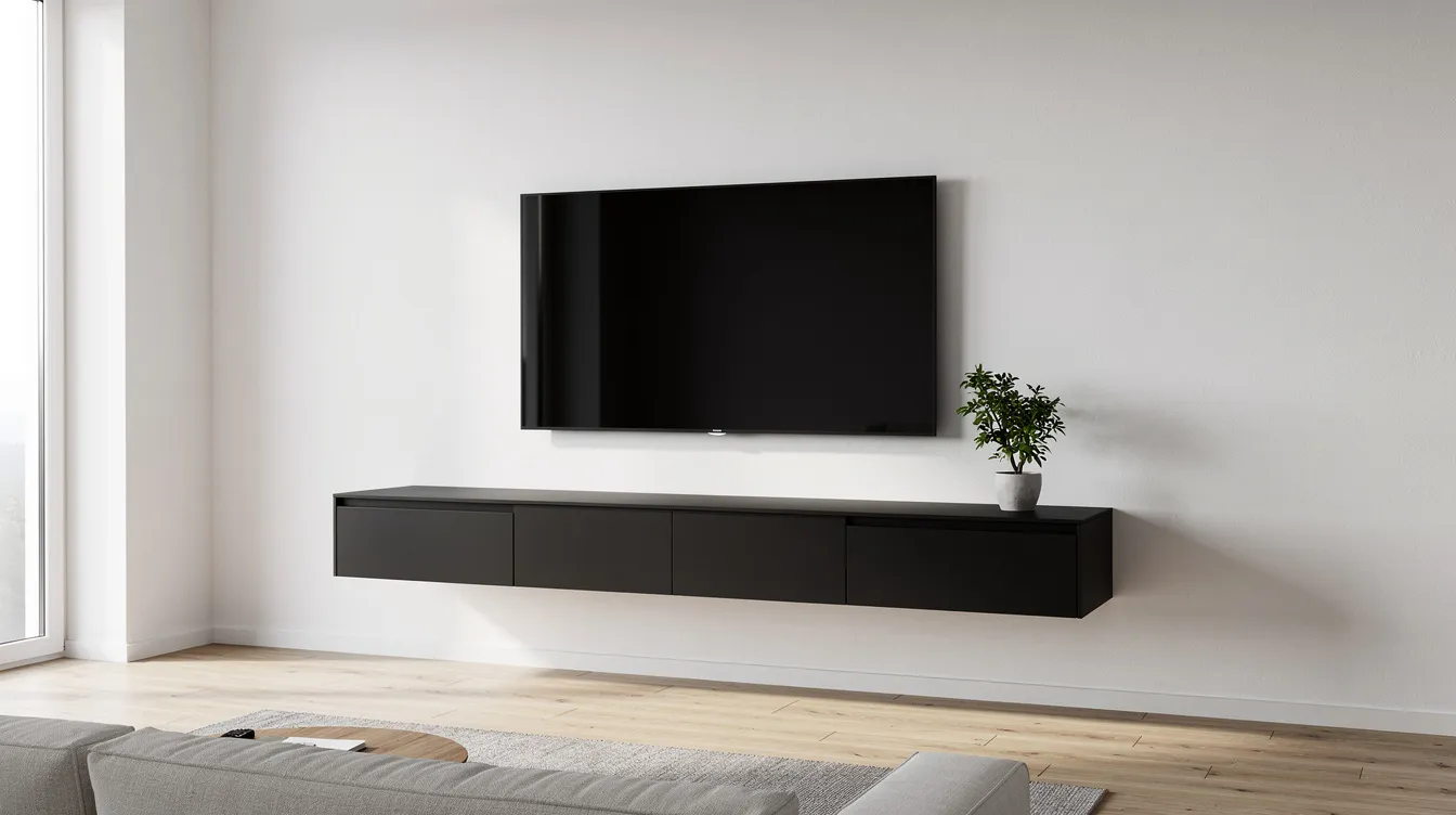 En vägghängd svart tv-bänk med en stor flatscreen-tv monterad ovanför, placerad i ett minimalistiskt vardagsrum. Bänken erbjuder förvaring med hyllor och lådor, vilket ger en stilren och funktionell inredning.