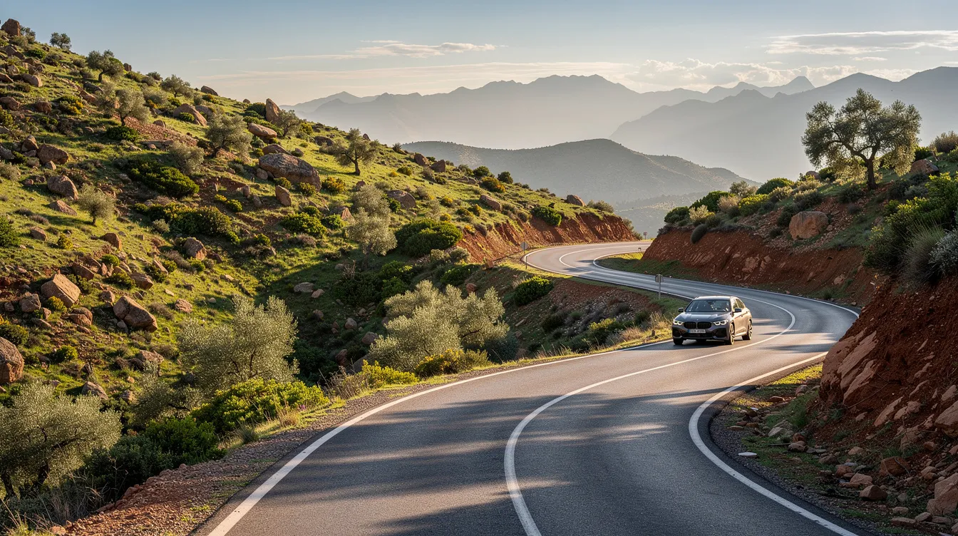A winding mountain road meanders through the lush green foothills of the Atlas Mountains, with a rental car approaching a sharp bend. The scenic landscape showcases the natural beauty of Morocco, inviting travelers to explore this picturesque area.