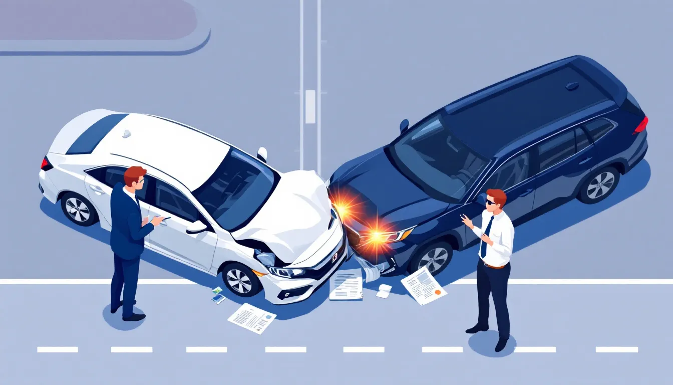 A car accident scene showing damaged vehicles and individuals exchanging insurance information.