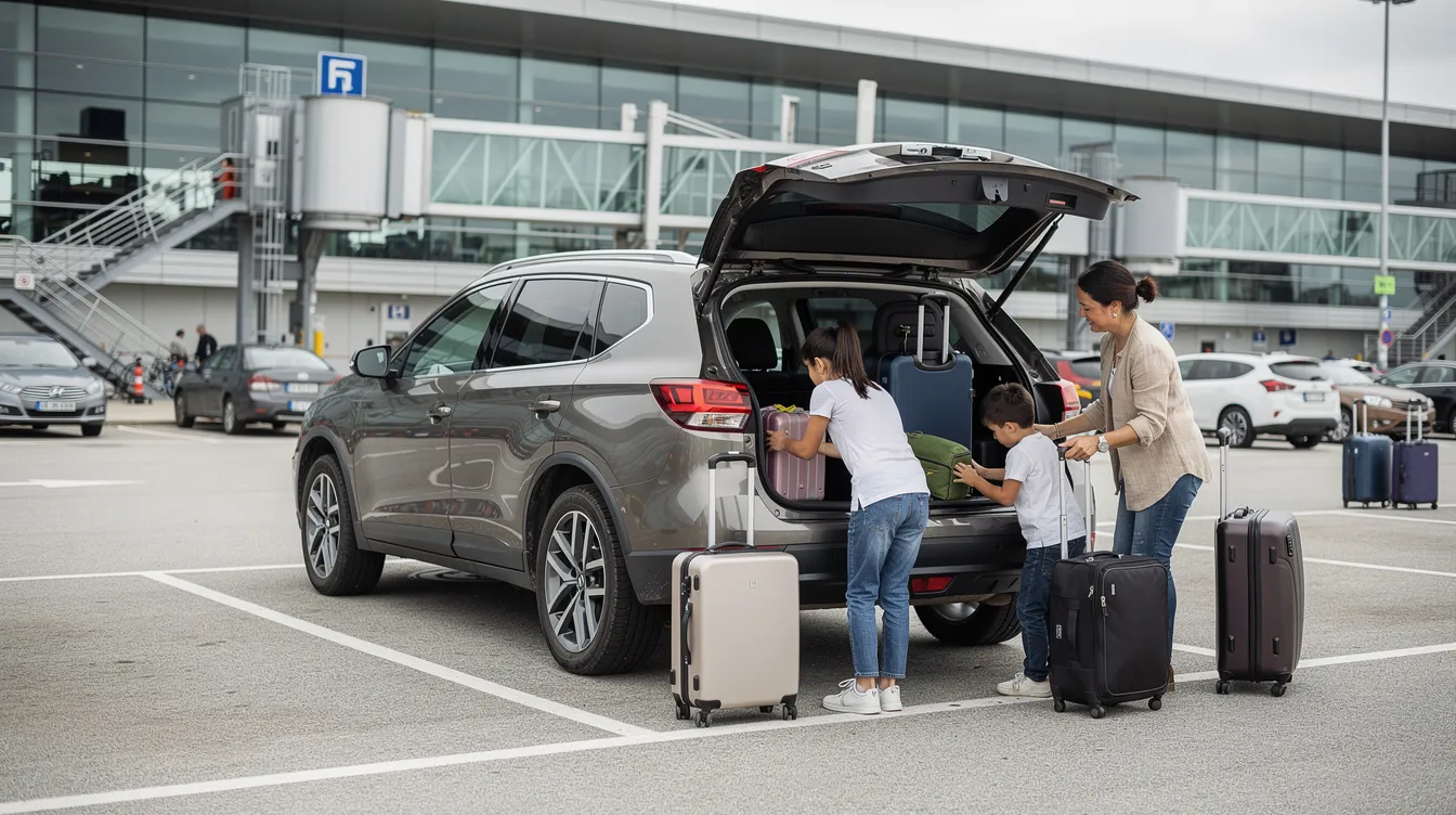 A family is loading suitcases into a midsize SUV parked in a lot near an airport terminal, preparing for their journey. This scene reflects the convenience of renting a vehicle, highlighting the process of loading luggage for a road trip, potentially using a service like Turo for a stress-free rental experience.