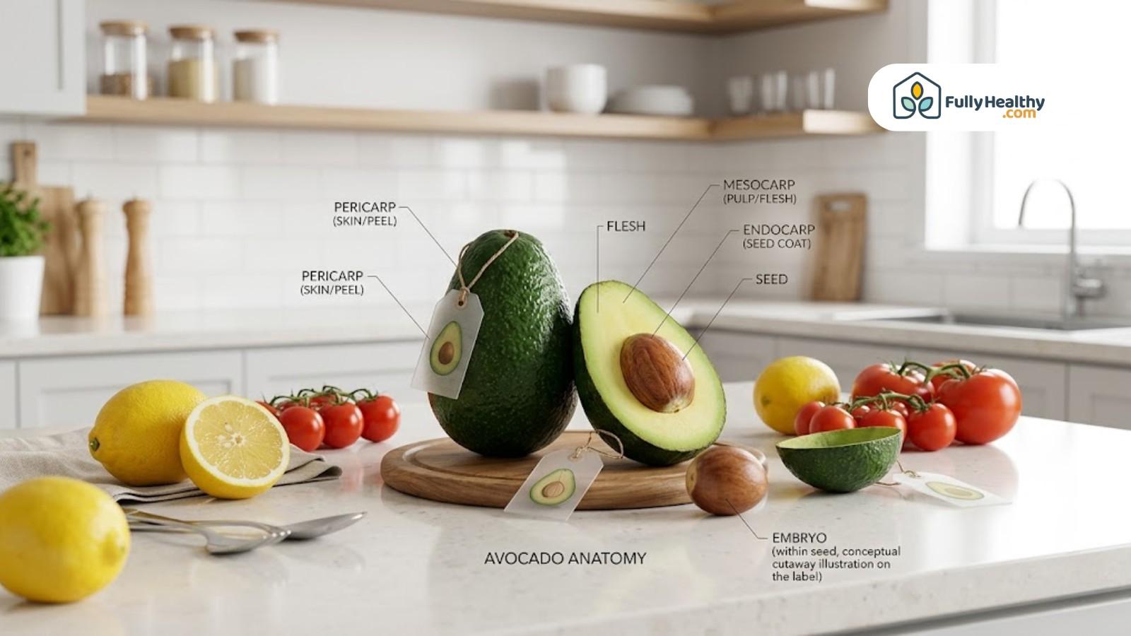 Avocado anatomy diagram labeled showing skin flesh seed and internal structure
