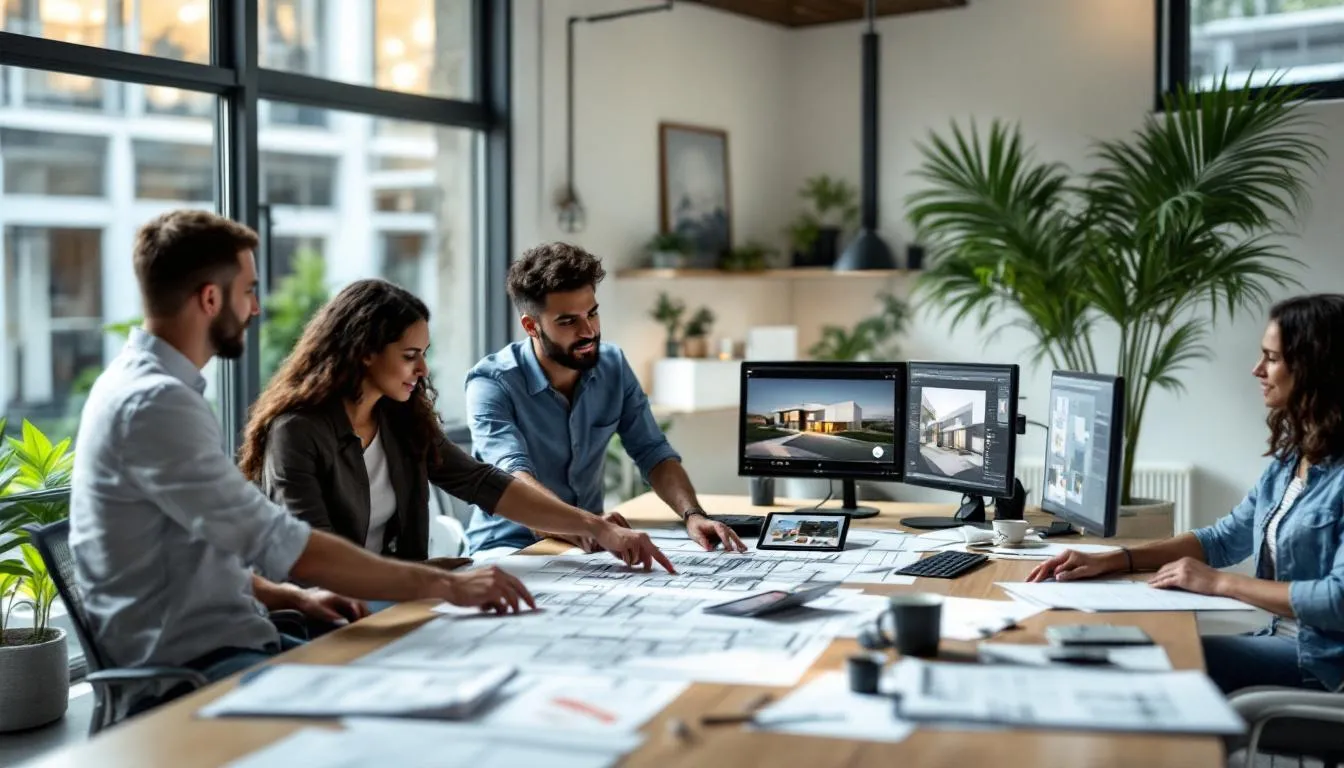 A diverse team of architects is engaged in a meeting at their office, surrounded by architectural plans and computer screens displaying project data. The atmosphere emphasizes collaboration and creativity, essential for reducing stress and maintaining mental health while managing multiple projects and deadlines.
