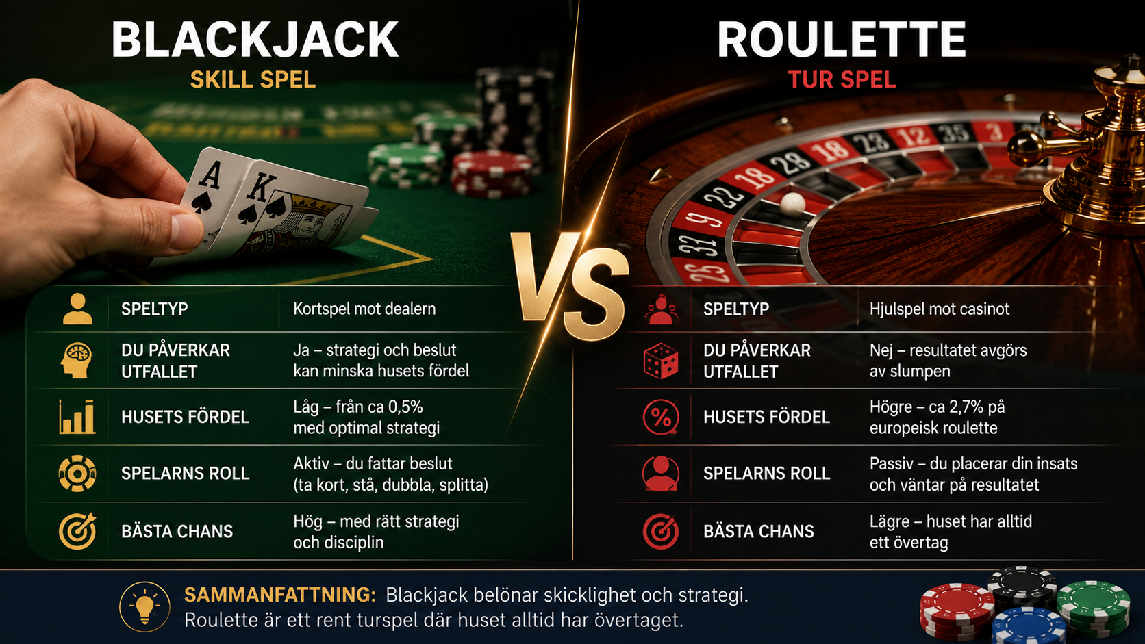 Jämförelse mellan blackjack och roulette som visar skillnader i husets fördel, strategi, speltyp och vinstchanser.