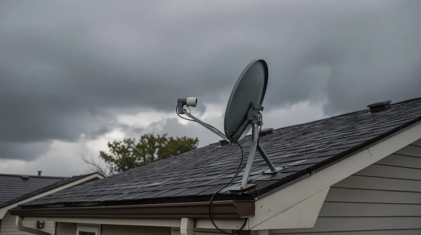 A satellite dish is prominently mounted on a residential rooftop, with dark overcast skies and rain clouds looming in the background, indicating potential bad weather that could affect the DSTV signal and lead to issues like the E48 32 error. The scene captures the connection between home entertainment and the challenges posed by nature.