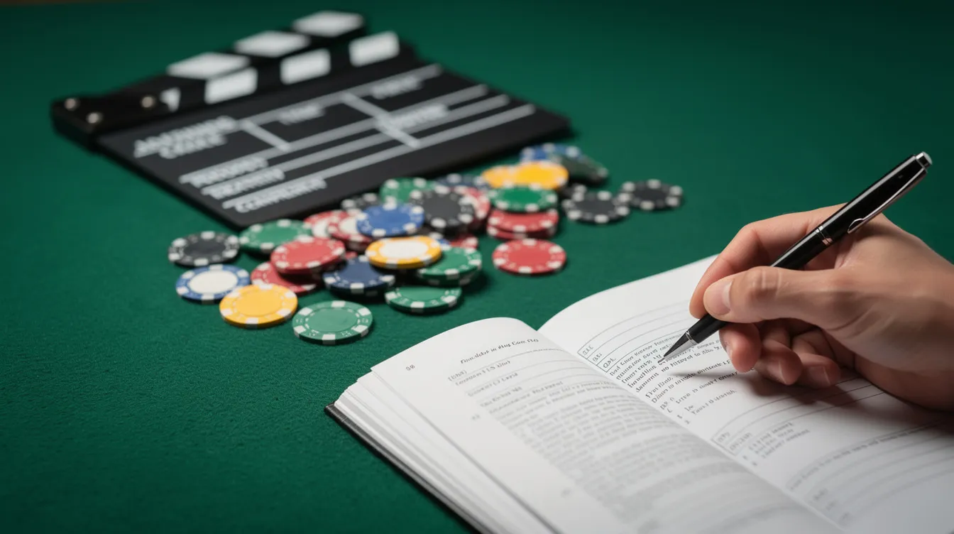 Auf dem grünen Filz liegen eine Filmklappe und Casino-Chips, während eine Hand über einem aufgeschlagenen Drehbuch mit einem Stift schwebt. Diese Szene vermittelt die Verbindung zwischen Glücksspiel und der kreativen Welt des Films, ideal für ein Casino-Setting.