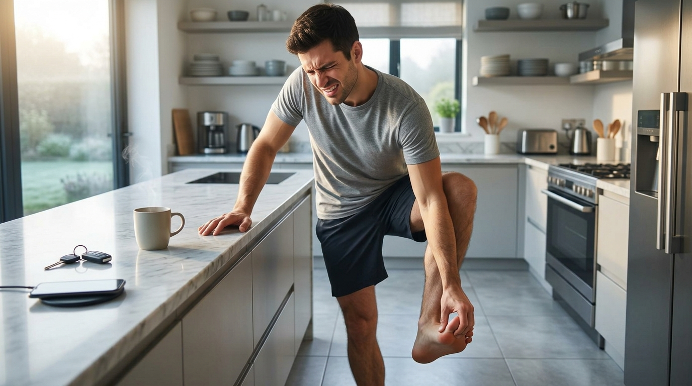 Man in his kitchen grabbing his foot in sudden pain during his morning routine