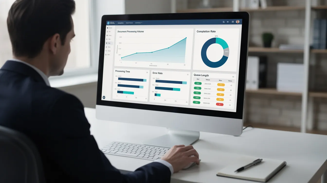 Person reviewing a dashboard with document processing metrics, showcasing intelligent document processing software.