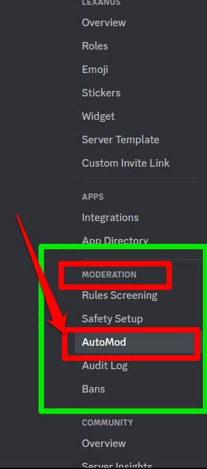 Picture showing the AutoMod button on Discord