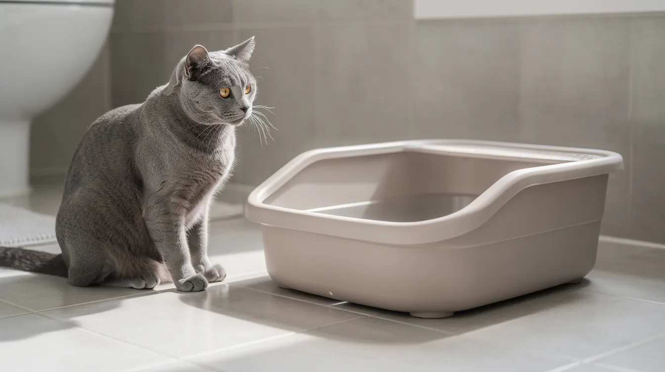 A domestic cat is sitting next to a clean litter box filled with fresh clumping litter on a tiled floor, indicating a tidy environment for the cat's habits. The litter box is well-maintained, suggesting that the owner is attentive to changing the litter regularly to ensure the cat's health and comfort.