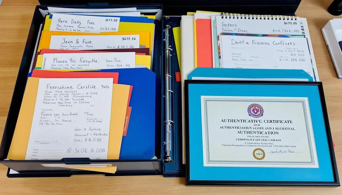The image depicts an organized filing system containing collectible purchase receipts and authentication certificates, neatly arranged for easy access and reference. Each document is carefully categorized to ensure a systematic approach to managing important paperwork related to collectibles.