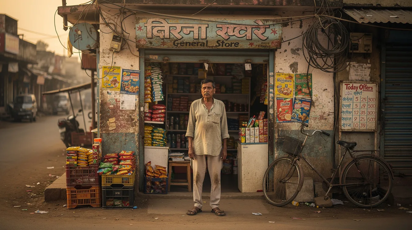 70009161 7a2b 4f2b 9331 dc4a99567610 A concerned small shopkeeper stands outside a modest Indian retail shop, looking worried about the status of his mudra loan application. His expression reflects the anxiety many business owners feel regarding loan approvals and the repayment capacity required by banks.
