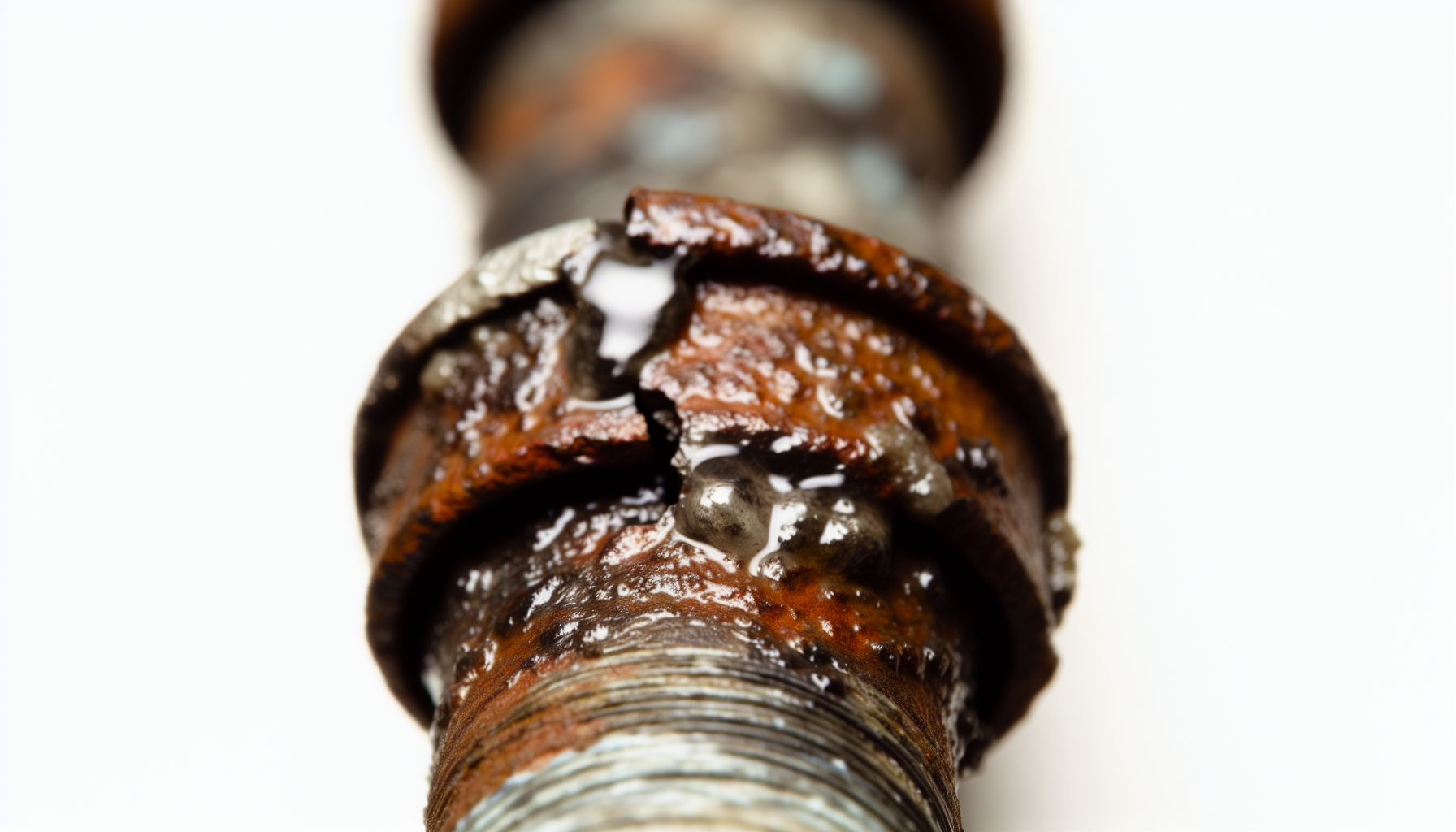 Close-up of pipe joint with visible rust and mineral deposits