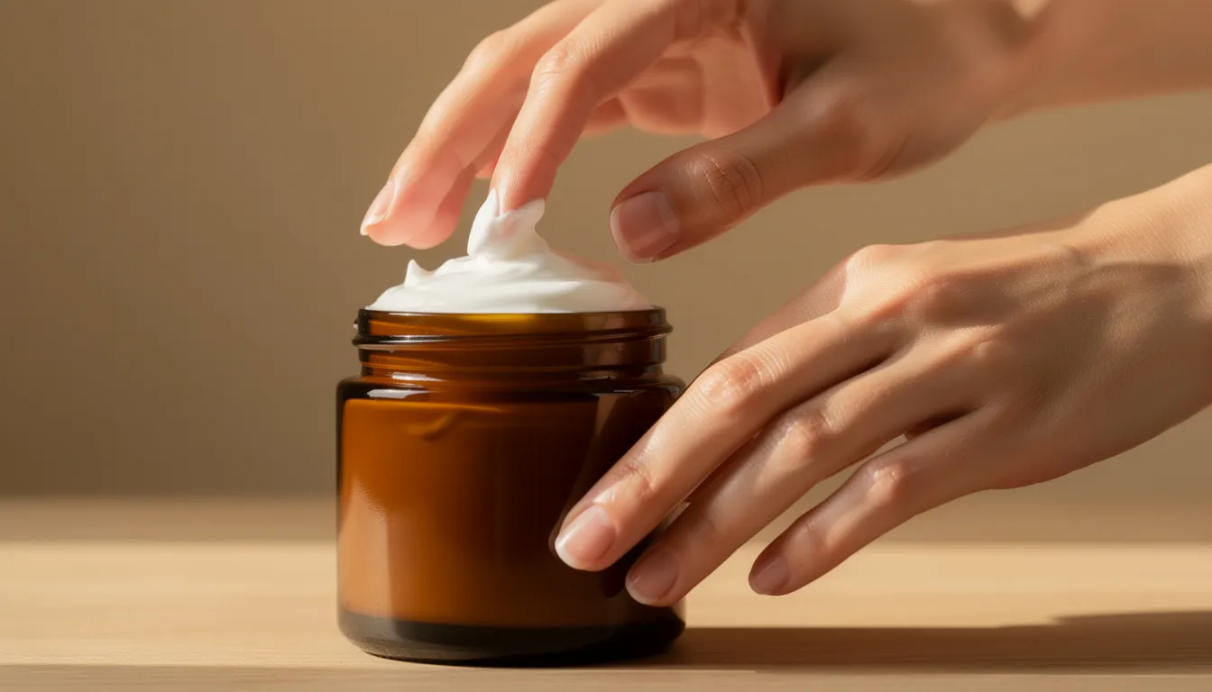 In a warm, natural light setting, hands are seen applying a creamy moisturizer from an amber glass jar, highlighting a skincare routine that may include nourishing ingredients like shea butter and essential oils. This image evokes a sense of healthy skin care, focusing on moisturizing and reducing fine lines for various skin types.