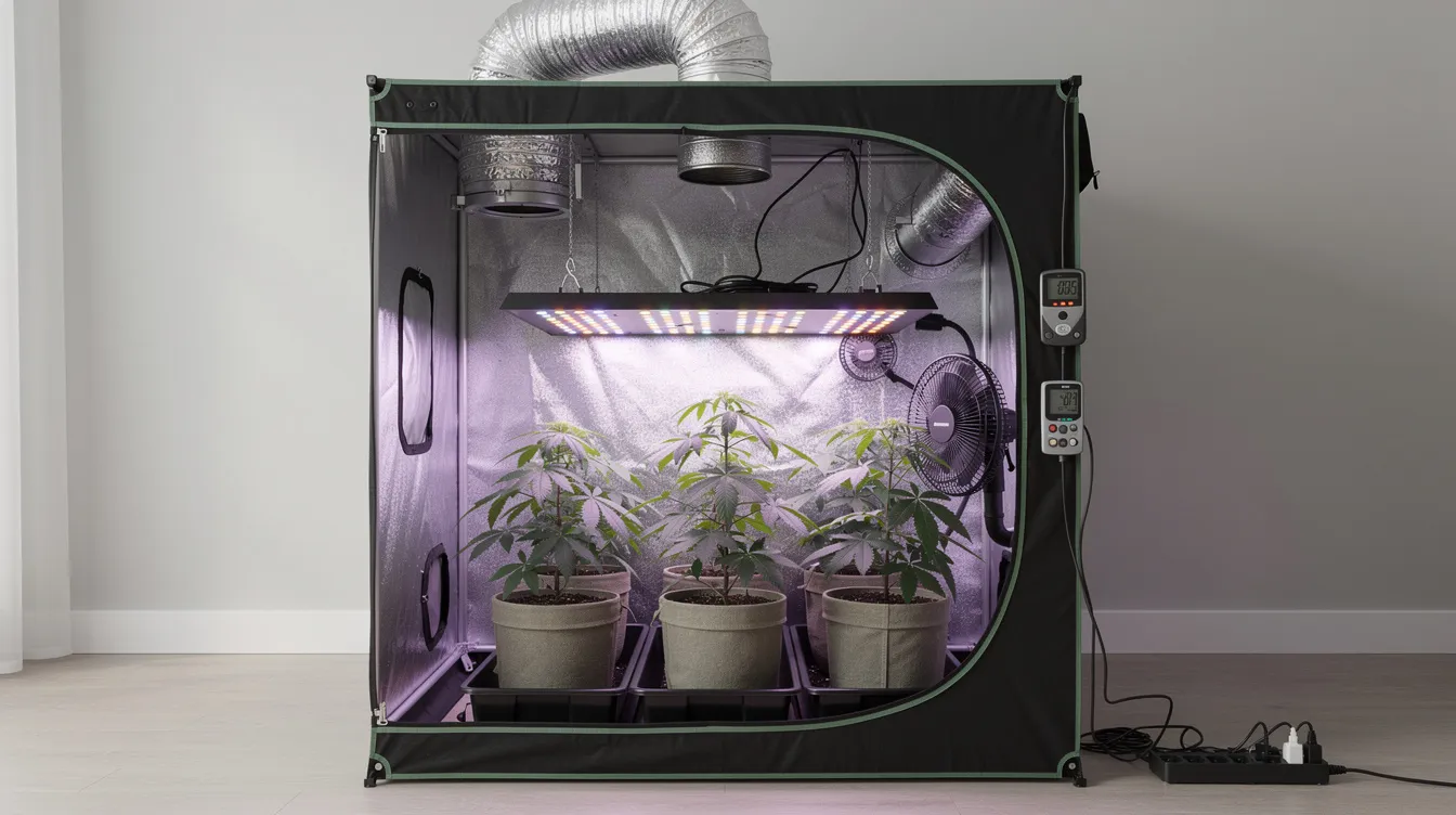 Das Bild zeigt ein komplettes Growbox-Set, bestehend aus einem Growzelt mit LED-Beleuchtung und einem Belüftungssystem, ideal für den Indoor-Anbau von Pflanzen. Die hochwertige Ausstattung sorgt für optimale Wachstumsbedingungen und ist besonders geeignet für Anfänger im Bereich Pflanzenwachstum.