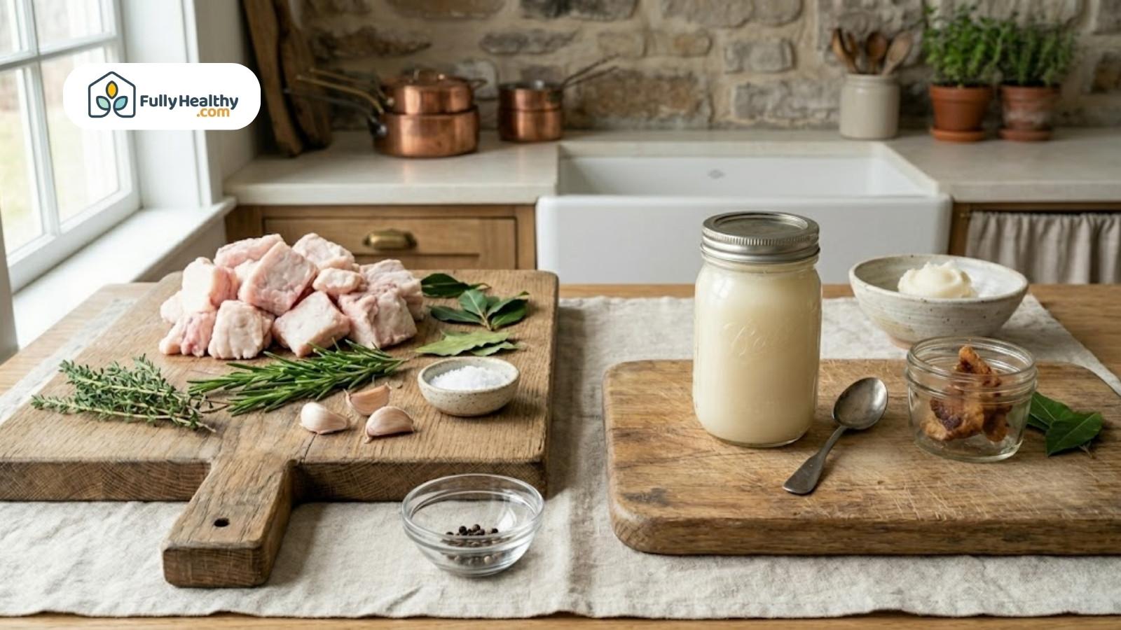 Prepared beef tallow with raw fat, herbs, and seasonings on table