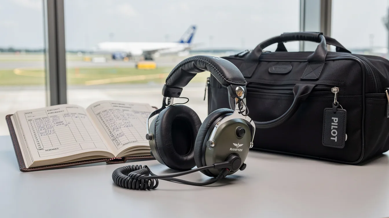 The image shows a pilot headset, a logbook, and a flight bag neatly arranged on an airport briefing table, symbolizing the essential tools for aspiring pilots beginning their flight training. This setup reflects the preparation needed for obtaining a commercial pilot license and advancing in a pilot career.