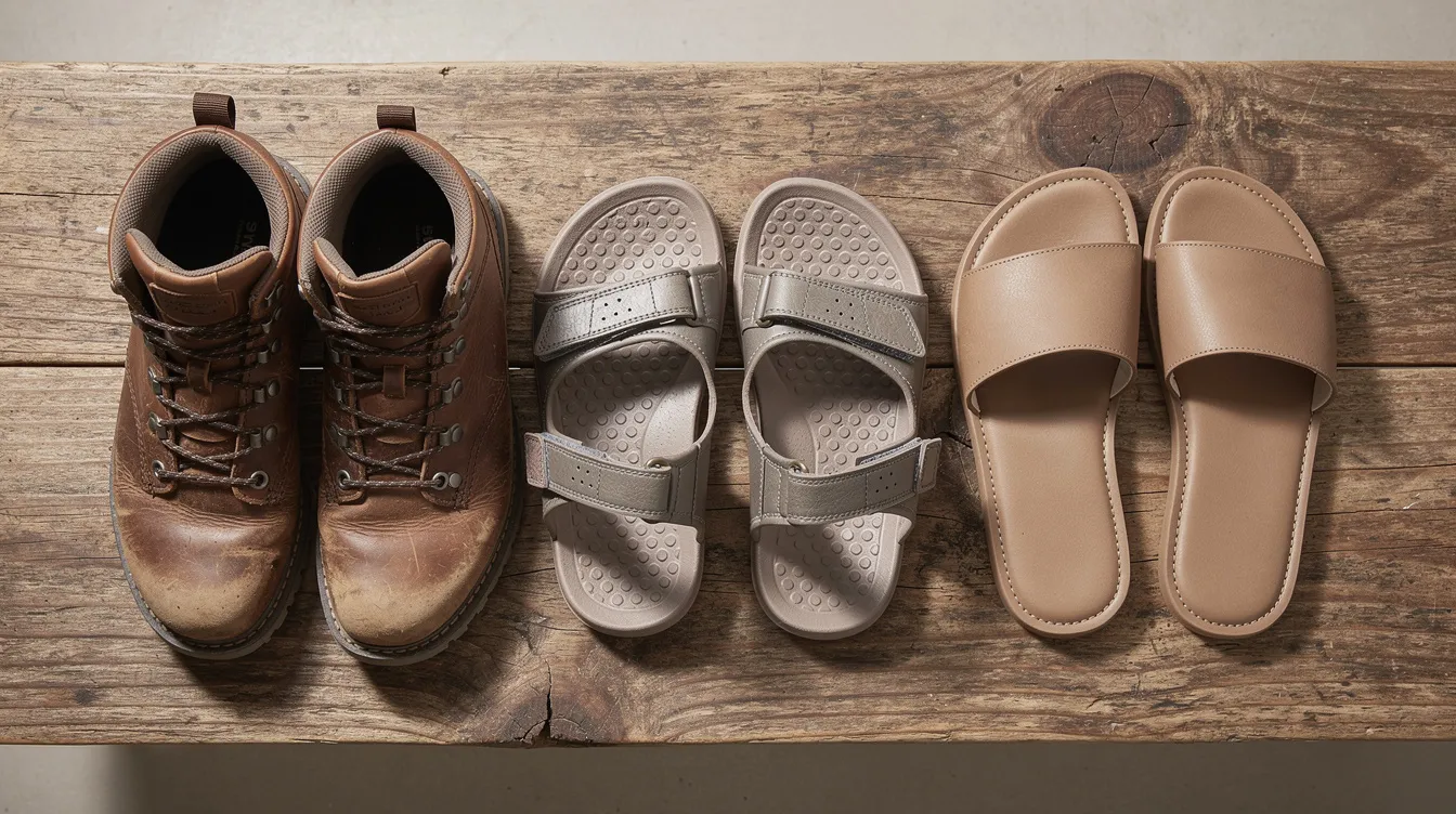 The image shows three pairs of shoes on a wooden surface: sturdy hiking boots ideal for outdoor adventures in Costa Rica, comfortable water sandals perfect for beach towns, and flat leather slides suitable for casual wear. These options reflect a packing list for a trip to Costa Rica, accommodating both the rainy and dry seasons.