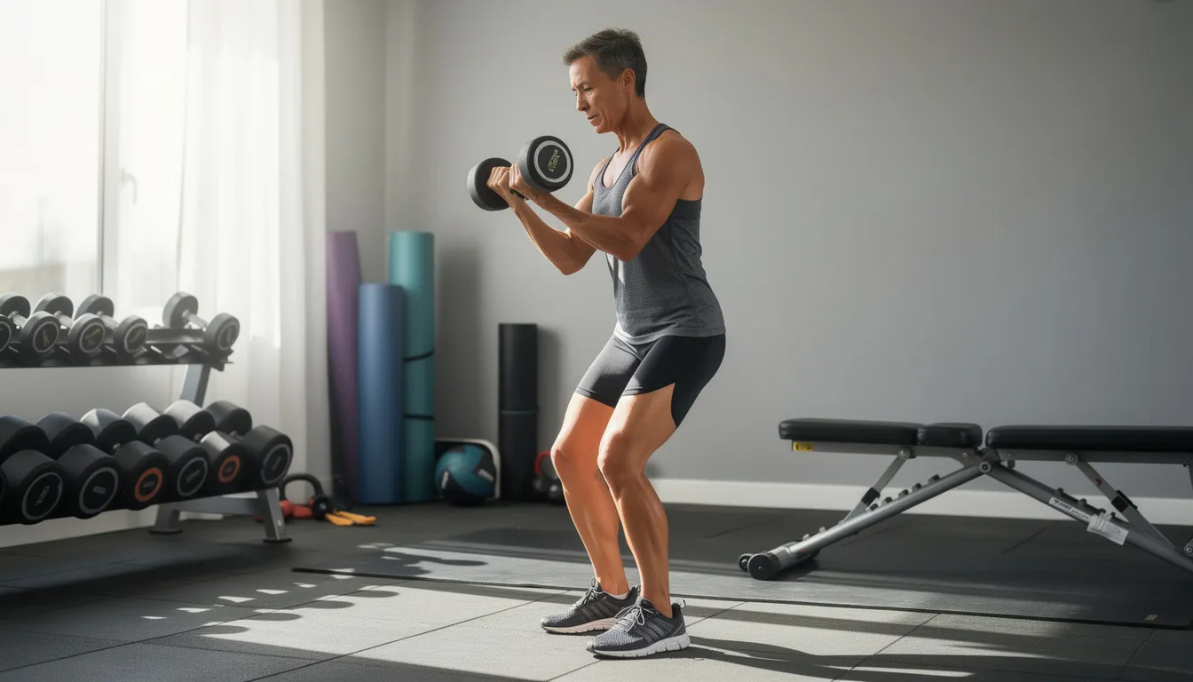 A middle-aged person is engaged in resistance training with dumbbells in a home gym, focusing on building lean muscle and improving body composition. The setting suggests a commitment to physical performance and muscle growth, indicative of the importance of amino acids and muscle repair in their workout routine.