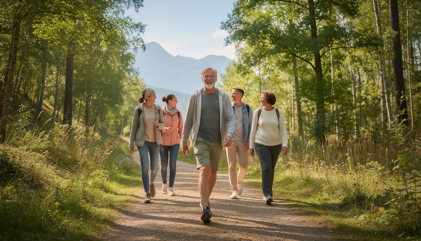 A middle-aged adult is walking outdoors in a natural setting with family members, appearing relaxed and active. This scene emphasizes the importance of physical activity and lifestyle changes in treating metabolic syndrome and reducing the risk of heart disease and other health problems.
