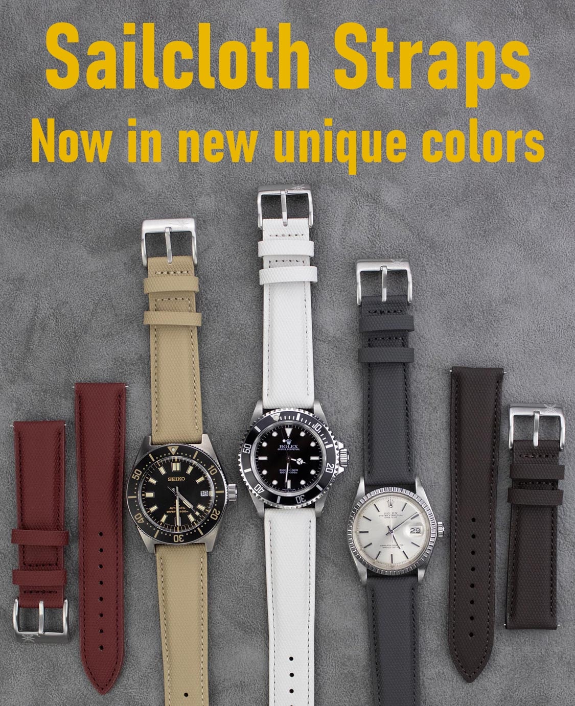 An assortment of sailcloth watch straps showcasing their versatility.