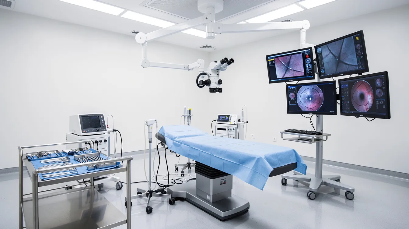 70081b9a f174 487b a385 4829061f4202 The image depicts the interior of a modern ophthalmology operating theatre, featuring a high-tech surgical microscope and multiple monitors displaying patient data. The sterile environment is designed to support complex eye surgeries, emphasizing the importance of operational efficiency and the company's financial health in maintaining such advanced medical facilities.