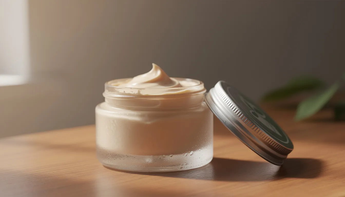 A glass jar filled with creamy, whipped tallow face cream sits on a wooden surface, illuminated by soft natural lighting. This nourishing face cream, made from grass-fed beef tallow and essential oils, is designed to support skin repair and provide moisture for sensitive skin.