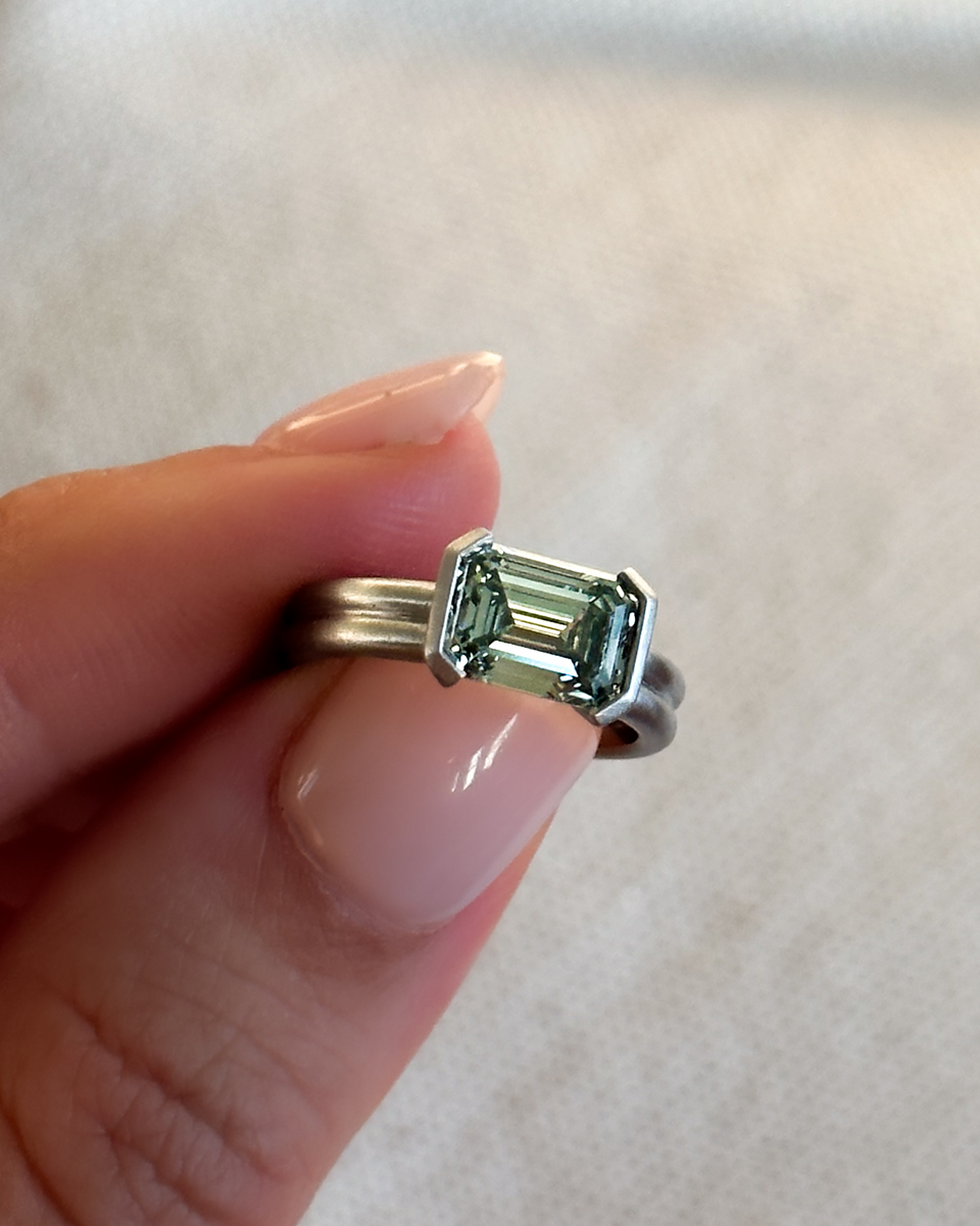 GOODSTONE Emerald Cut Green diamond Half Bezel Engagement ring