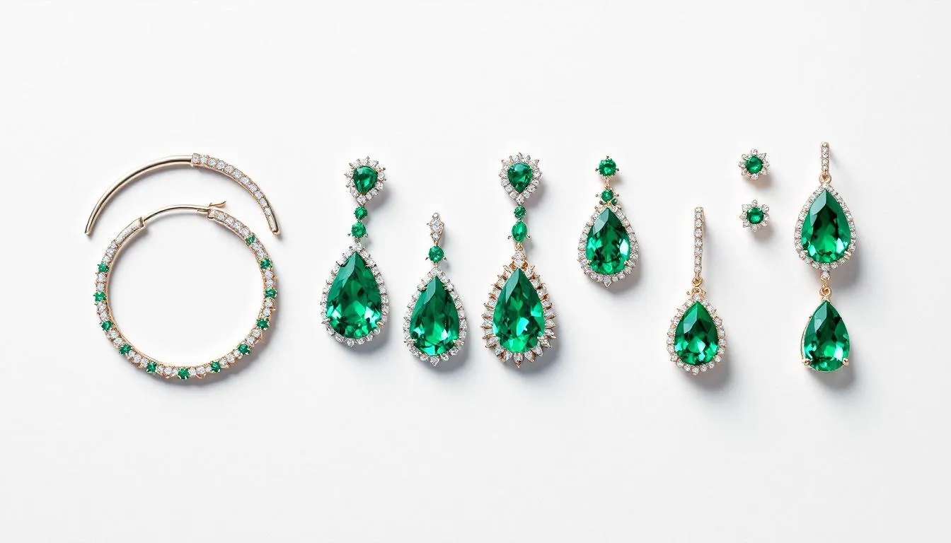 The image showcases a variety of stunning emerald earrings arranged side by side, highlighting different designs such as classic hoops and elegant studs. Each pair features unique styles, emphasizing the beauty of emeralds set in sterling silver, yellow gold, and white gold, making them a perfect addition to any jewellery collection.