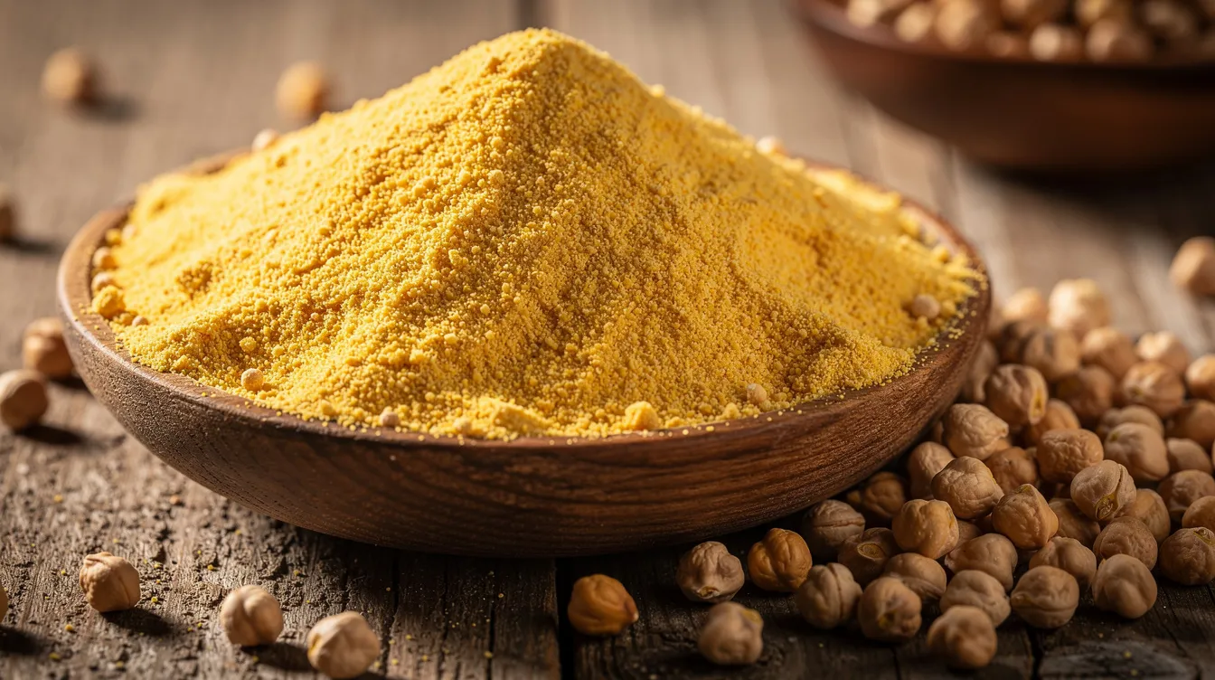 A close-up view of golden besan, or chickpea flour, is displayed in a wooden bowl, accompanied by whole chickpeas on a rustic surface. The image highlights the quality and texture of the flour, which is a staple in many food products, while emphasizing its natural appearance free from lumps or adulteration.