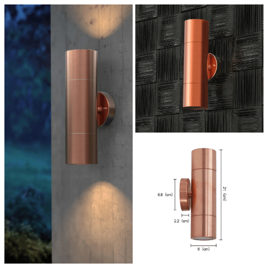 Collage of a modern cylindrical copper outdoor wall light fixture shown in different settings, including a concrete wall and a black textured wall, with one image displaying its dimensions. The fixture emits up and down lighting, highlighting its sleek, contemporary design.