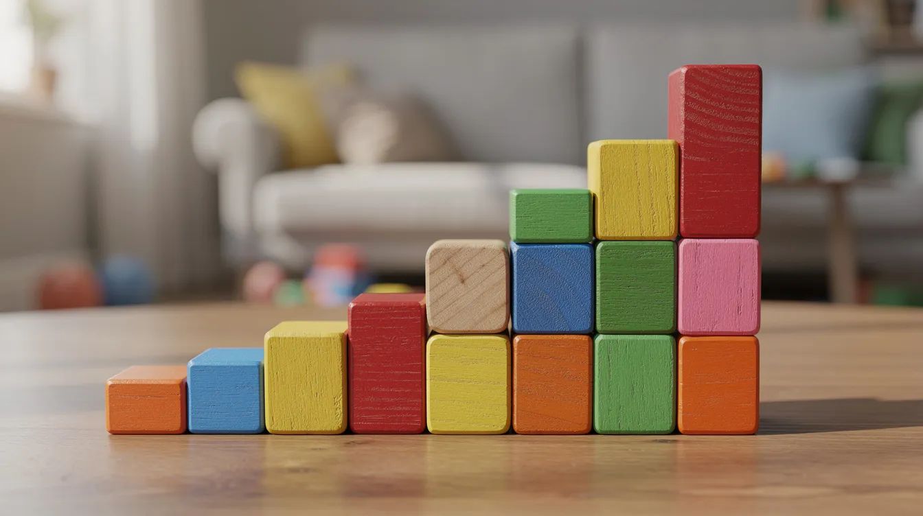 A set of colorful wooden building blocks is neatly stacked in ascending order on a table, showcasing a playful arrangement that invites creativity and imagination. The blocks vary in size and color, creating a visually appealing structure that could symbolize the building of equity in a home equity line of credit.