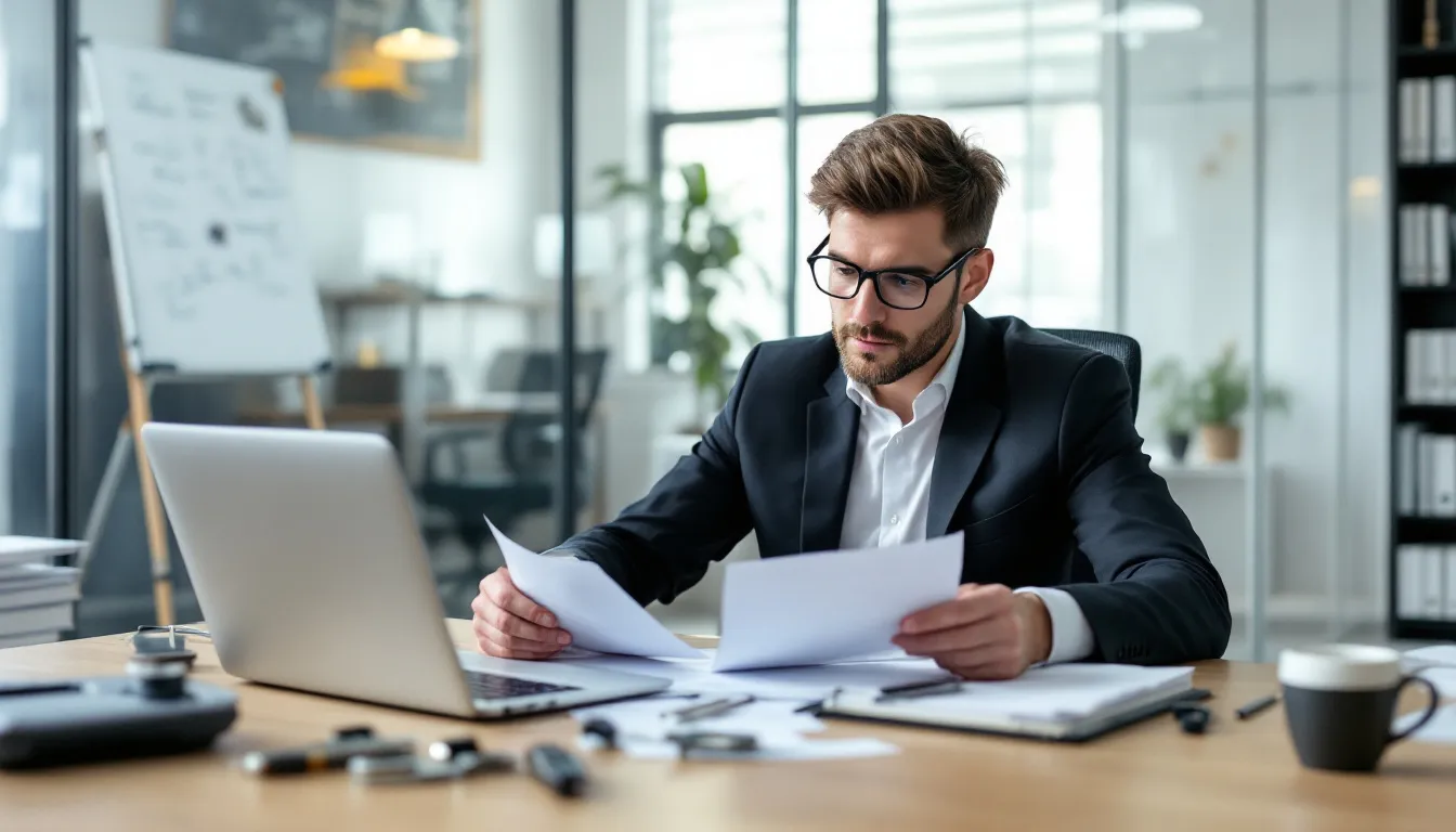 Um profissional está analisando documentos técnicos em um escritório, cercado por equipamentos de medição utilizados para avaliações imobiliárias. A cena reflete a atividade de um perito avaliador de imóveis, que é fundamental no mercado imobiliário para determinar o valor de mercado dos imóveis.