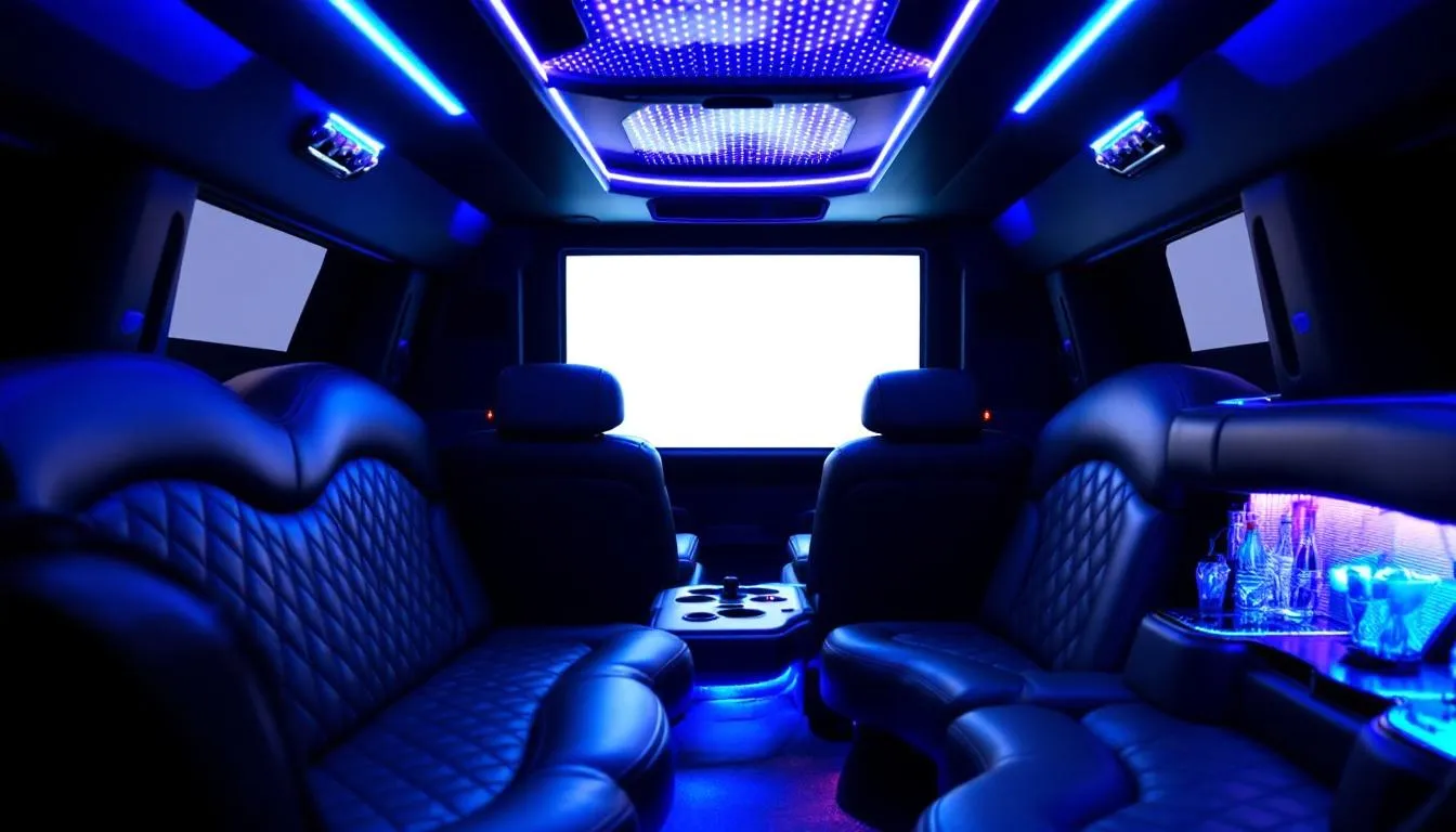 Interiören i en lyxig Hummer-limousine med mjuka lädersäten, färgstark LED-belysning och toppmoderna underhållningssystem — skapar en ultimat lyxupplevelse för speciella tillfällen. Den iögonfallande designen inkluderar en spegelhimmel, perfekt för fester, baler eller minnesvärda resor med vänner.