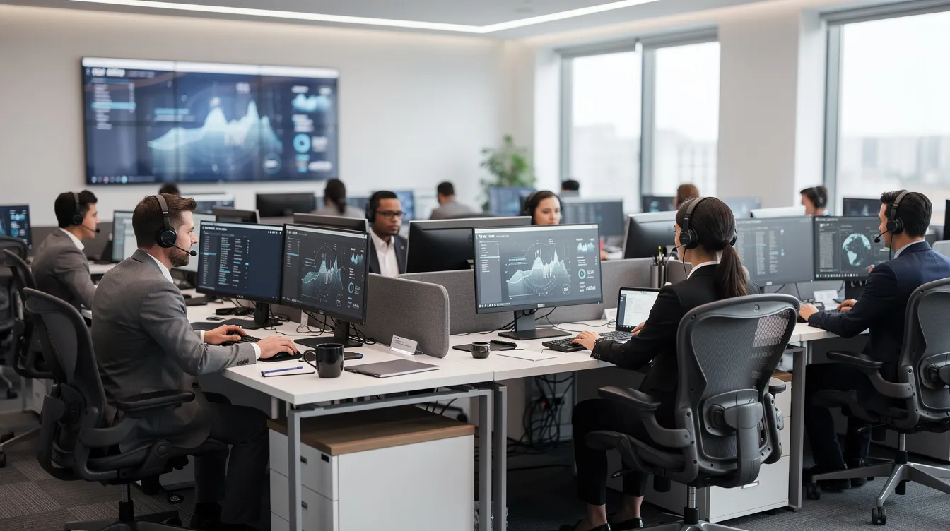 The image depicts a professional call center workspace, where multiple agents are wearing headsets and focused on their computer stations, likely handling inquiries related to mass tort litigation and assisting numerous plaintiffs with their claims. The environment is organized and efficient, reflecting the legal process involved in complex litigation cases.