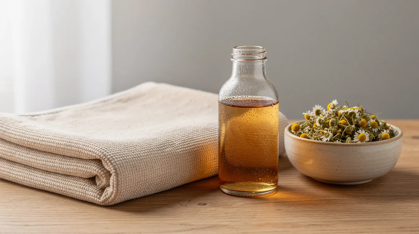 Auf dem Bild sind ein Handtuch und eine kleine Flasche mit naturtrübem Apfelessig neben einer Schale mit Kamillenblüten zu sehen. Diese Kombination kann als Hausmittel zur Unterstützung der Intimhygiene und zur Linderung von unangenehmem Geruch im Intimbereich dienen.