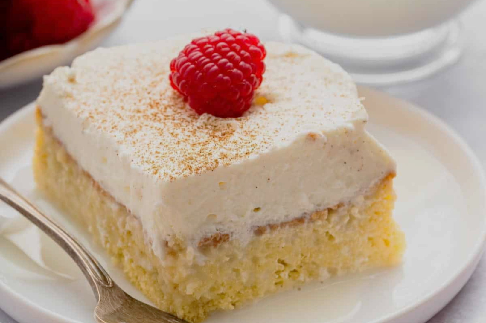 A slice of creamy tres leches cake topped with a fresh raspberry on a plate. The cake is moist, with a layer of whipped cream dusted with cinnamon.