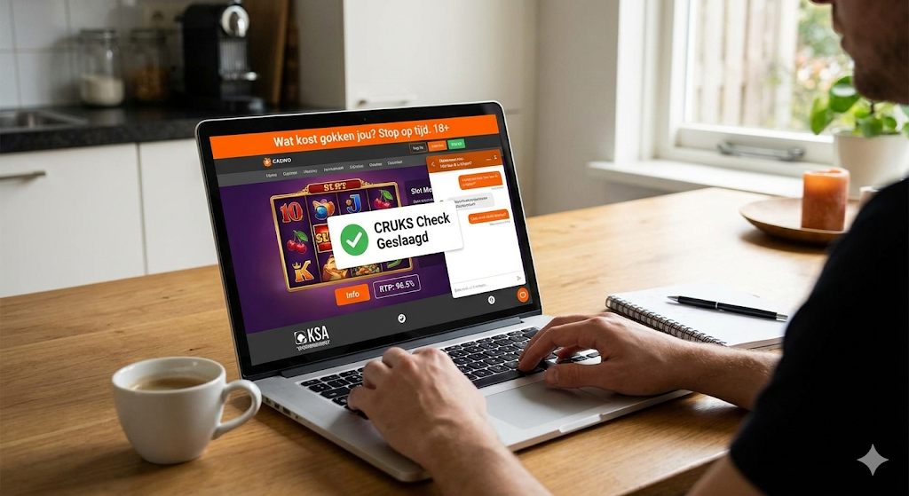 Speler logt in bij legaal online casino Nederland met CRUKS-check geslaagd en melding “Wat kost gokken jou? Stop op tijd. 18+”, voorbeeld van legale Nederlandse online casino’s met Nederlandse vergunning van de Nederlandse Kansspelautoriteit, eerlijk spel via random number generator, verplichte limieten en verantwoord spelen volgens de Wet kansspelen ter bescherming tegen illegale casino’s en illegale goksites in Nederland